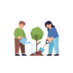 Fototapeta premium People planting tree, watering sapling, gardening, environment care, nature, illustration