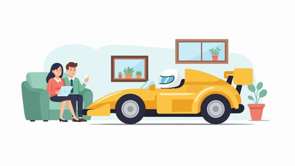 A man and woman on a couch beside a racing car indoors