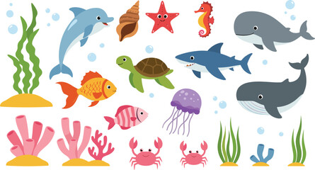 Cute cartoon underwater sea animals vector set with whale, dolphin, shark, turtle, fish, crab, jellyfish, and coral © Kharshad Creative