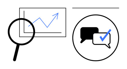 Magnifying glass over upward growth chart and two speech bubbles with checkmark highlight analysis and validated communication. Ideal for business, growth, communication, research, data, validation © robu_s