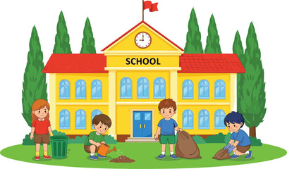 Fototapeta premium Professional school gardening vector featuring students watering plants and cleaning grounds in front of a yellow school building.