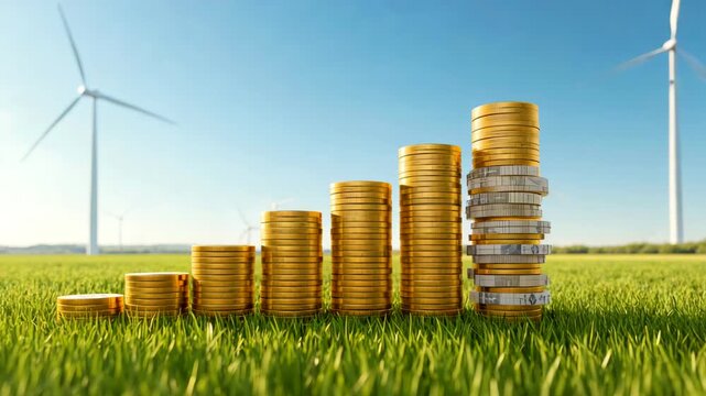 Stacked gold coins increasing in height on green field with wind turbines in background