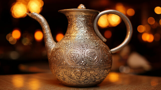 flagon. Ornate silver flagon reflecting candlelight with slight tilt, warm golden tones. bar promotions, beverage menus, designed for food & beverage menus and cafe branding.
