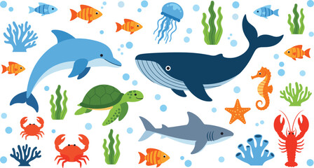 Cute cartoon underwater sea animals vector set with whale dolphin shark turtle fish coral plants © Kharshad Creative