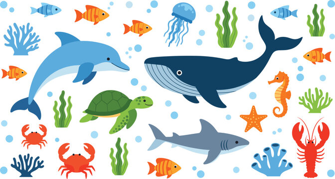 Cute cartoon underwater sea animals vector set with whale dolphin shark turtle fish coral plants