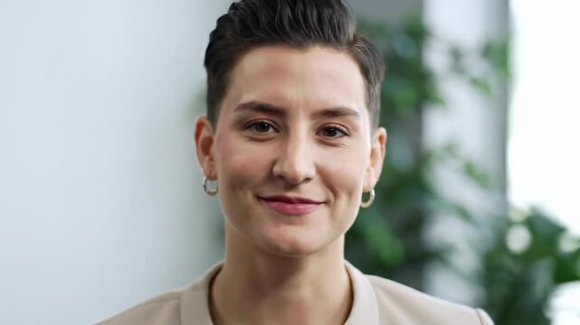 A young diverse professional in business-casual attire gazes confidently into camera, subtle smile, against a blurred modern office background Concept of trusted expertise and clear communication