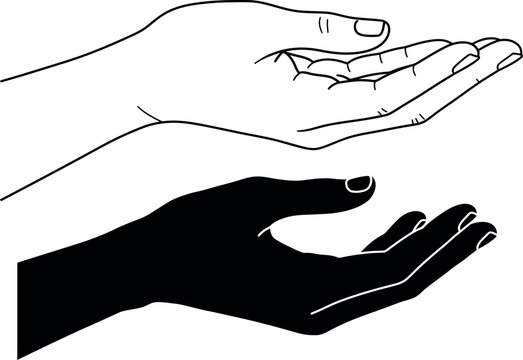 Open cupped hands vector line art and black silhouette