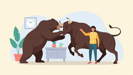 Obraz premium A person observes a bear and bull interacting in an indoor setting