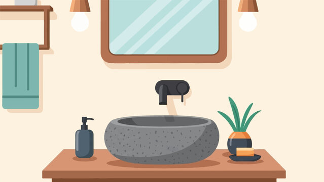 A minimalist bathroom sink area with a stone basin, dispenser, and plant