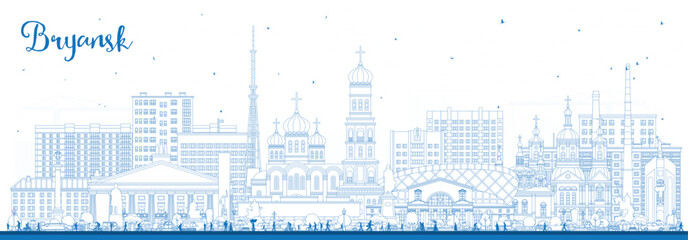 Outline Bryansk Russia city skyline with blue buildings. Illustration. Bryansk cityscape with landmarks. Business travel and tourism concept with modern and historic architecture.