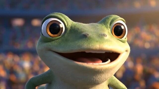 An animated frog in the spotlight performs a joyful dance on stage with a lively audience cheering.