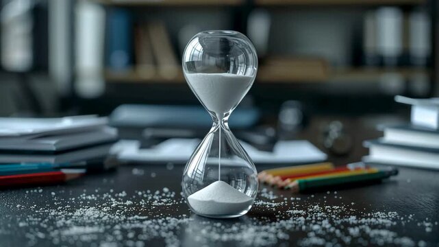 Glass hourglass with flowing sand placed on cluttered desk with stationery items