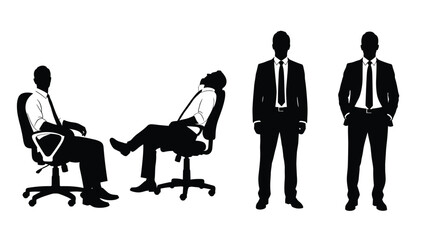 lack silhouette of a young man working on a laptop computer at a desk, isolated on a white background, for a technology and freelance business concept