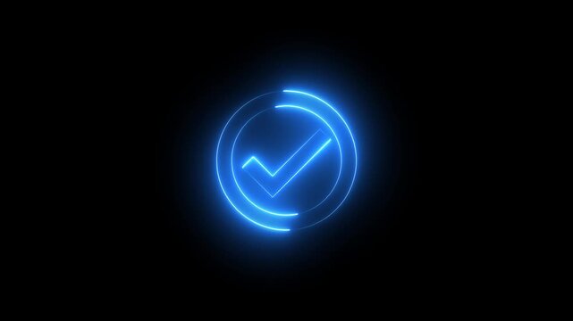 Neon checkmark icon animation glowing blue color success tick mark correct agree icon sign symbol on black background