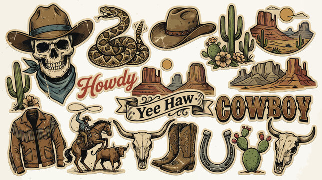 Dynamic western cowboy collage featuring skull with hat, horses, boots, lasso, cactus and vintage rodeo elements for rustic western design themes