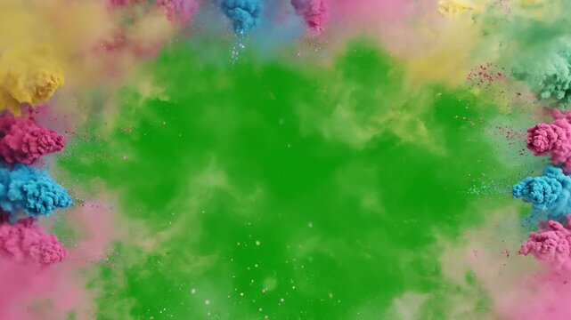 Vibrant holi powder explodes against a green screen background, colorful powder clouds in pink, blue, yellow, and green hues.