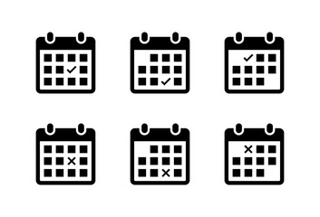 Calendar with check and cross mark icon. Schedule confirmation and cancellation status symbol. Date planning with checkmark and x sign