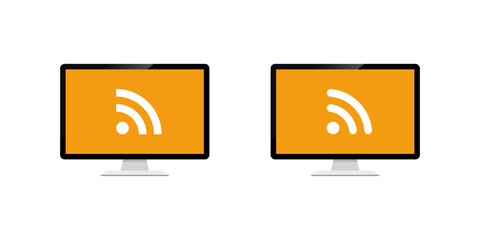 RSS feed icon on computer screen. Internet syndication symbol in desktop display
