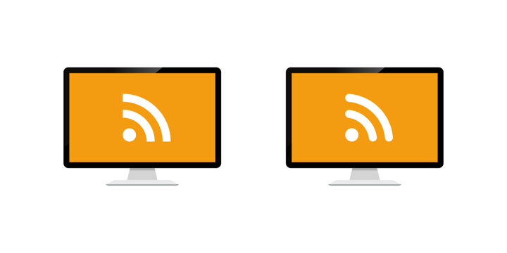 RSS feed icon on computer screen. Internet syndication symbol in desktop display