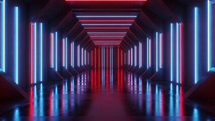 Futuristic neon lit corridor with blue and red lights tunnel