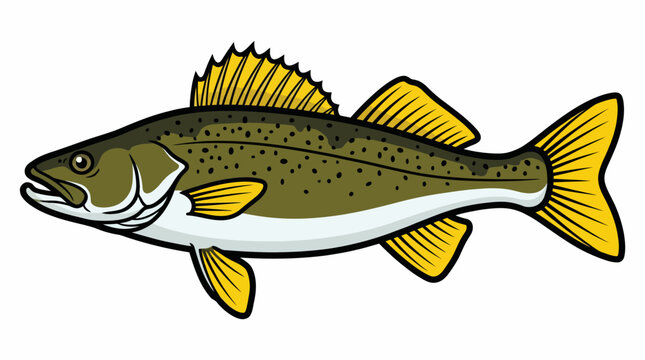 Cartoon illustration of a walleye fish with olive green body and golden fins, side view, vector artwork