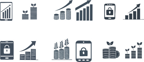 Financial Growth Investment and Mobile Security Icon Set