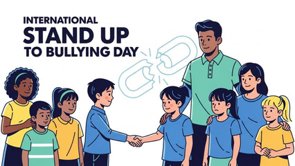 International Stand Up To Bullying Day illustration diverse children and adults showing solidarity and support concept of anti-bullying and kind