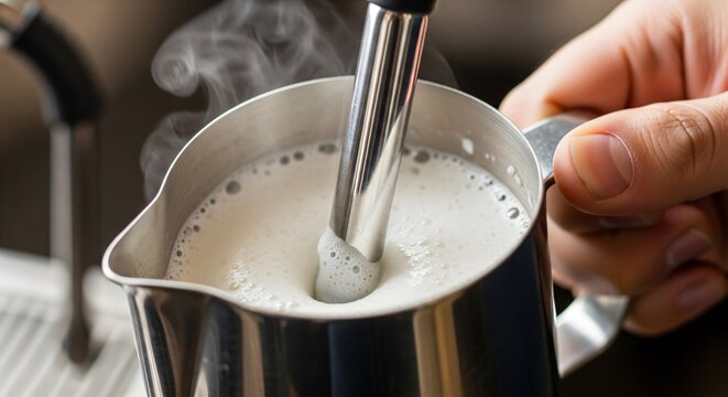 Macro shot of a steam wand frothing milk in a stainless pitcher, microfoam texture