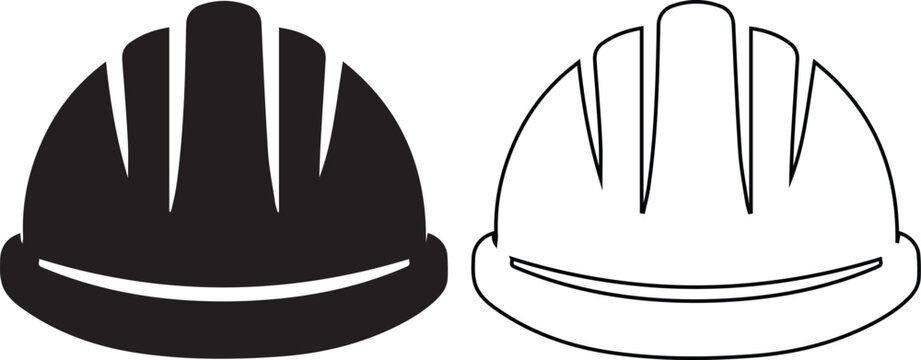 Vector icon set featuring a construction safety hard hat helmet in solid black silhouette and linear outline styles representing builder protection and industrial site equipment.