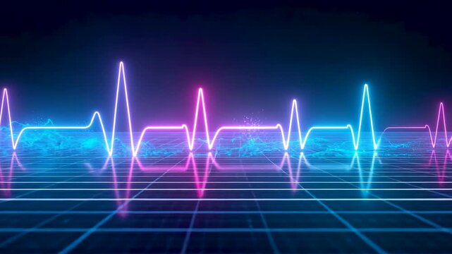Neon electrocardiogram waveform glowing over digital grid surface in dark futuristic scene