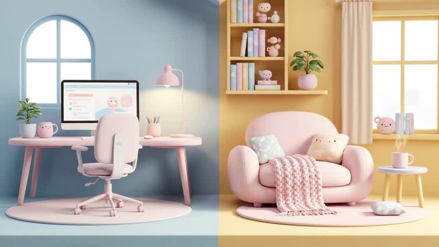 Animated split-screen showing a cute pastel home office and a cozy living room, perfect for work-life balance.