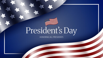 Celebration of Presidents Day with flags and patriotic elements on blue background