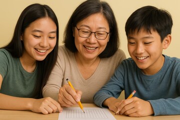 Smiling mother teaching happy teenage children together at home, helping son and daughter with fun educational word search puzzle