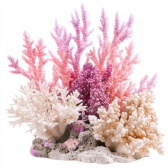 Colorful coral reef arrangement with pink and white branching corals isolated on white background