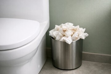 Overflowing bathroom trash bin filled with used tissues beside toilet on tiled floor in small restroom