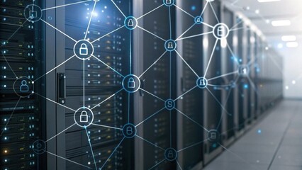 A modern data center showcasing server racks connected by a network of icons symbolizing data security and connectivity.