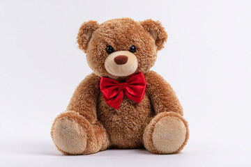 Obraz premium Adorable brown teddy bear with a bright red bow tie on a clean white background, perfect for children's products or heartfelt designs