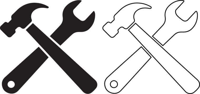Vector icon set featuring crossed hammer and wrench tools in solid black silhouette and linear outline styles for handyman repair services, home renovation, and industrial maintenance.