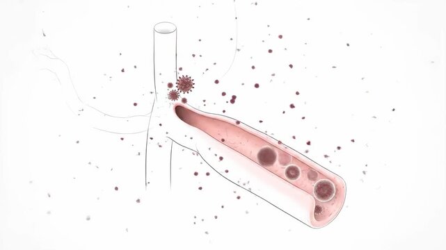 Animation of viral particles replicating and dispersing within a biological vessel. Pathogens multiply, spread, and cause cellular damage.