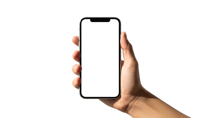Hand holding a white iphone on isolated on transparent background