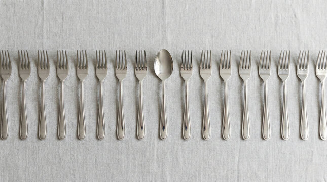 Silver spoon standing out in a row of forks, concept of different function and misfit