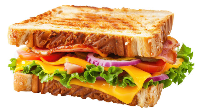 Deliciously stacked sandwich with crispy bacon, fresh vegetables, and melted cheese isolated on white background