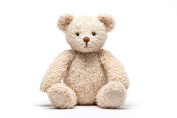 Obraz premium Adorable plush teddy bear on white background, perfect for children's products, baby announcements, and heartwarming designs