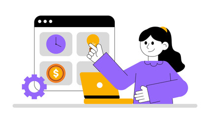 A woman managing a digital dashboard with icons for time money and ideas on a computer screen