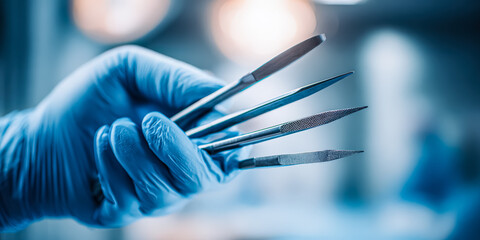 A detailed view of a surgeon's gloved hand gripping multiple surgical scalpels, showcasing precision instruments in a clinical setting.