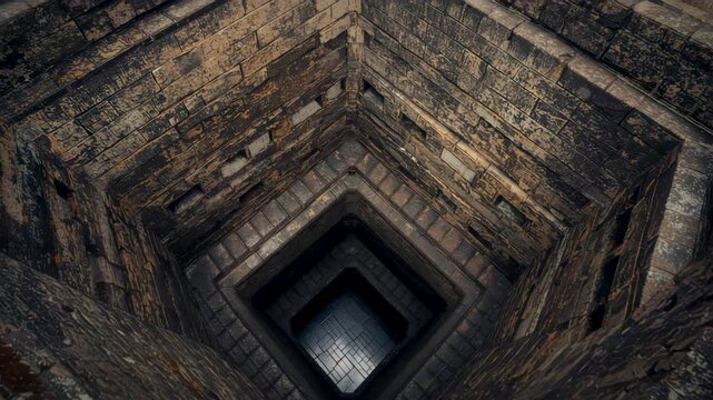 Deep square stone shaft viewed from above showing descending brick walls and dark opening at bottom