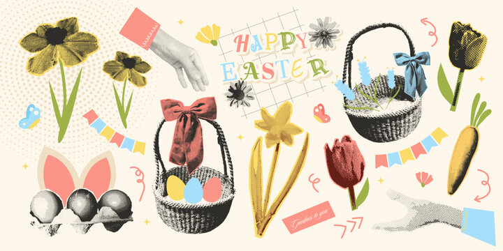 Happy Easter element set with eggs, flowers, hands, basket and more. Spring holiday concept in vintage collage halftone style. Cute pastel vector illustration in pink, yellow, blue colors
