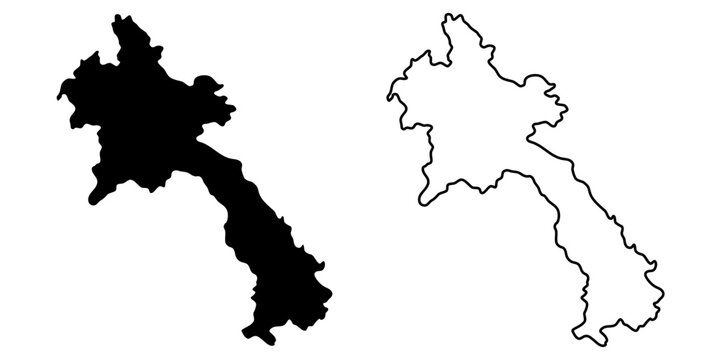 Laos country vector map in minimalist style. Simple black outline illustration of the country map. Low detailed. Solid simple silhouette linear and black illustration. Black and white map. 