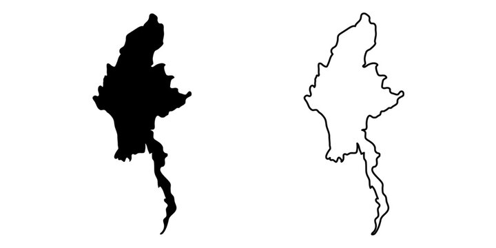 Myanmar country vector map in minimalist style. Simple black outline illustration of the country map.Myanmar silhouettes linear and black illustration. Black and white map. Vector editable	