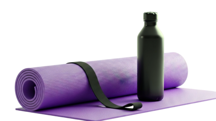 Purple Yoga Mat and Black Water Bottle on White Background